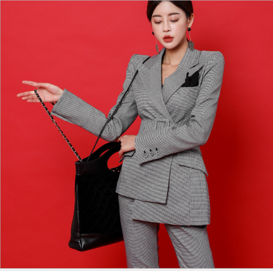 2019 Women’s Fashion Plaid Suit Set with Double Breasted Blazer